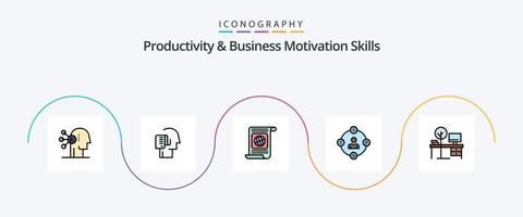 linha de habilidades de produtividade e motivação de negócios preenchida com 5 ícones planos, incluindo mídia. comunicação. tarefas. mídia social. mundo vetor