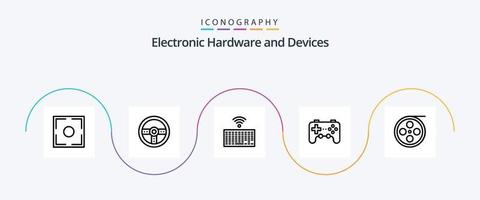 Dispositivos linha 5 pacote de ícones incluindo filme. controle de video game. hardware. jogo. controlador vetor