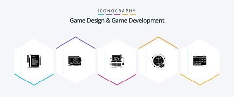 design de jogos e desenvolvimento de jogos pacote de ícones de 25 glifos, incluindo mundo. conectado. completo. jogo. comprar vetor