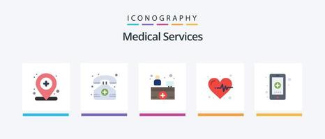 serviços médicos flat 5 icon pack incluindo médico. saúde. recepção hospitalar. aplicativo. coração. design de ícones criativos vetor