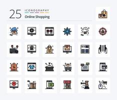 pacote de ícones cheios de 25 linhas de compras on-line, incluindo dinheiro. negócios. compras. janela. promover vetor