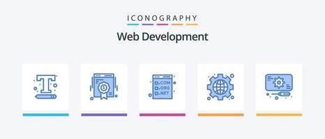 pacote de ícones azul 5 de desenvolvimento web, incluindo globo. interface. qualidade web. engrenagem. desenvolvimento. design de ícones criativos vetor