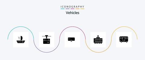 Pacote de ícones de glifo 5 de veículos, incluindo vagão. reboque. agricultor. caravana. bonde vetor
