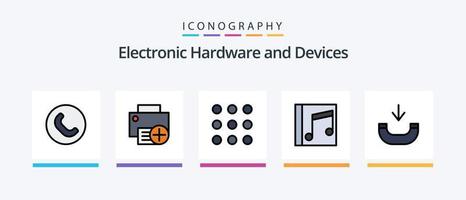 linha de dispositivos cheia de 5 ícones incluindo cam. hardware. foto. gadget. computadores. design de ícones criativos vetor