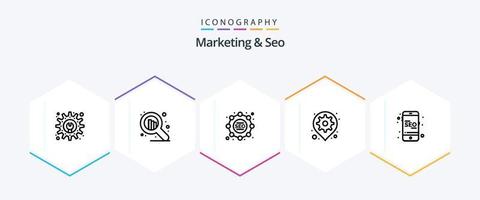 marketing e pacote de ícones de 25 linhas de SEO, incluindo online. seo. táticas. móvel. alfinete vetor