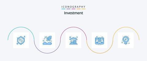 pacote de ícones de investimento azul 5, incluindo a ideia. lâmpada. hipoteca de casa. moedas. global vetor