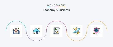 economia e linha de negócios preenchida com 5 ícones planos, incluindo global. dinheiro. gráfico. crescimento. análise vetor