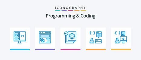 programação e codificação do pacote de ícones azul 5, incluindo desenvolver. aplicativo. página. programação. desenvolvimento. design de ícones criativos vetor