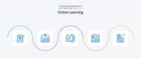 pacote de ícones azul 5 de aprendizagem online, incluindo disco. computador portátil. livro. educação científica online. teste de laboratório vetor