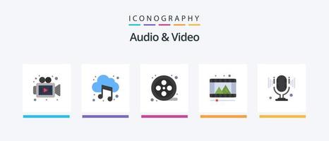 pacote de ícones de áudio e vídeo plano 5, incluindo . microfone. rolo de filme. microfone. vídeo. design de ícones criativos vetor