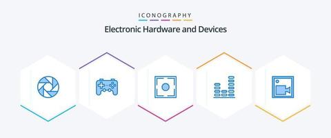 dispositivos 25 pacote de ícones azul, incluindo câmera. som. foco. música. áudio vetor