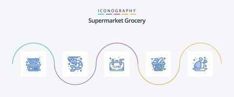 pacote de ícones azul 5 de mercearia, incluindo itens. compras. fechar. mercado. comprar vetor