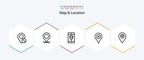 mapa e localização pacote de ícones de 25 linhas, incluindo coração. localização. alfinete. alfinete. localização vetor