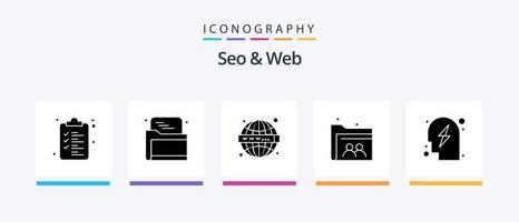 pacote de ícones seo e web glyph 5, incluindo estratégia. cabeça. rede. pasta. do utilizador. design de ícones criativos vetor