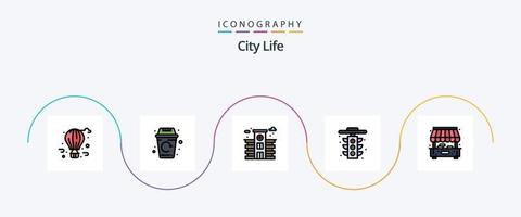 linha de vida da cidade cheia de pacote de 5 ícones planos, incluindo loja. cidade. cidade. luz. vida vetor