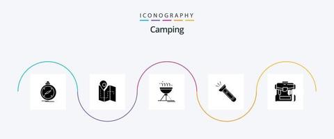 pacote de ícones de glyph 5 de acampamento, incluindo acampamento. luz. acompanhar. tocha. comida vetor