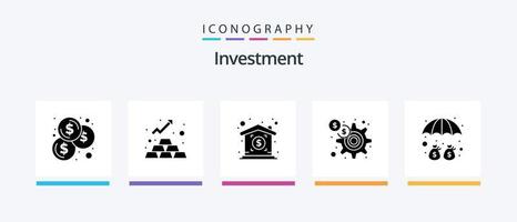 pacote de ícones de glifo 5 de investimento, incluindo proteção. dinheiro. preço. depósito. engrenagem. design de ícones criativos vetor