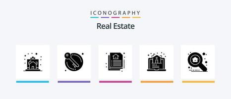 pacote de ícones imobiliários glifo 5 incluindo propriedade. on-line. autoridade. real. Estado. design de ícones criativos vetor