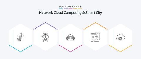 computação em nuvem de rede e pacote de ícones de 25 linhas de cidade inteligente, incluindo compartilhamento. agricultura. vigilância. ambiente. urbano vetor