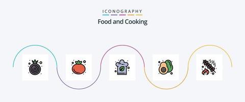 linha de comida cheia de pacote de 5 ícones planos, incluindo festa. comida. chapéu. churrasco. pera vetor