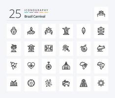 carnaval do brasil pacote de ícones de 25 linhas incluindo monumento. Jesus. fantasia. celebração. brasileiro vetor