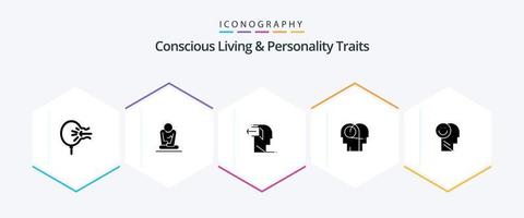 Vida consciente e traços de personalidade Pacote de ícones de 25 glifos, incluindo humano. comunicação. ioga. melhorar. fora vetor