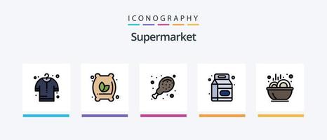 linha de supermercado cheia de 5 ícones, incluindo supermercado. ovos. frango. ovo. Bolsa de compras. design de ícones criativos vetor