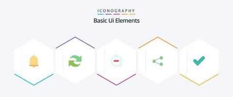 elementos básicos da interface do usuário 25 pacote de ícones planos, incluindo ok. compartilhamento. procurar. social . meios de comunicação vetor