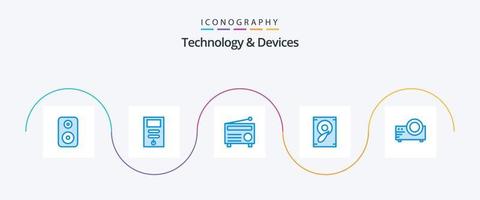 pacote de ícones de 5 dispositivos azuis, incluindo multimídia. filme. fm. projetor. som vetor