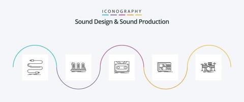 design de som e linha de produção de som 5 pacote de ícones incluindo equalizador. registro. som. fita. demonstração vetor