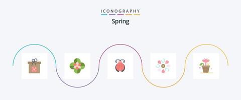 pacote de ícones de primavera plana 5, incluindo crescimento. natureza. besouro. floral. flor vetor
