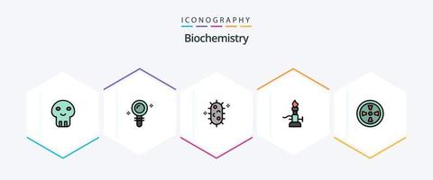 pacote de ícones de 25 linhas preenchidas de bioquímica, incluindo ventilador. Ciência. bactérias. luz. fogo vetor