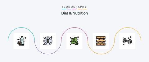 linha de dieta e nutrição cheia de pacote de 5 ícones planos, incluindo halteres. cintura. arroz. medição. vegetais vetor