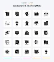 economia criativa de dados e mídia publicitária pacote de ícones preto sólido de 25 glifos, como publicidade. televisão. meios de comunicação. promoção. móvel vetor