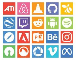 Pacote de 20 ícones de mídia social, incluindo instagram powerpoint twitch adobe safari vetor