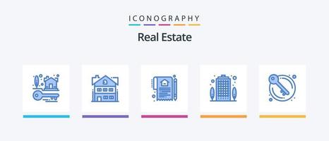 pacote de ícones imobiliários azul 5, incluindo porta. casa. documento. prédio. contrato. design de ícones criativos vetor