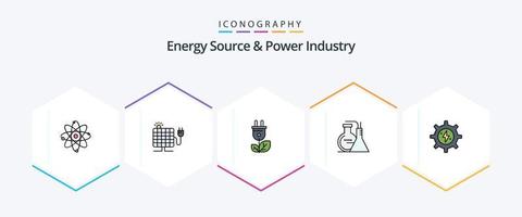 fonte de energia e indústria de energia 25 pacote de ícones de linha preenchida, incluindo energia. energia. biomassa. laboratório. produtos químicos vetor