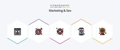 marketing e pacote de ícones de 25 linhas preenchidas de SEO, incluindo classificação. seo. sucesso. qualidade. móvel vetor