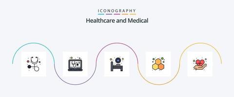 linha médica preenchida com 5 ícones planos, incluindo . coração. cama hospitalar. Cuidado. laboratório vetor