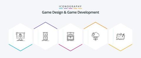 pacote de ícones de 25 linhas de design e desenvolvimento de jogos, incluindo nuclear. bombear. Relógio de areia. tesouro. ouro vetor