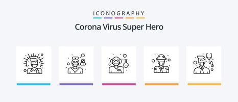 pacote de ícones da linha 5 do super-herói do vírus corona, incluindo oficial. polícia. Cuidado. homem. macho. design de ícones criativos vetor
