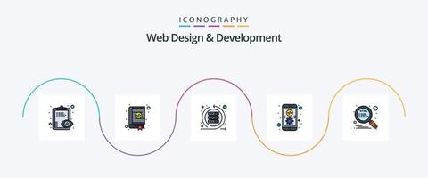 linha de design e desenvolvimento de web cheia de 5 ícones planos, incluindo dispositivos móveis. codificação. codificação. aplicativo. corrida vetor