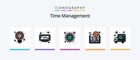 a linha de gerenciamento de tempo preencheu o pacote de 5 ícones, incluindo o tempo. caso. tempo. negócios. assistir. design de ícones criativos vetor