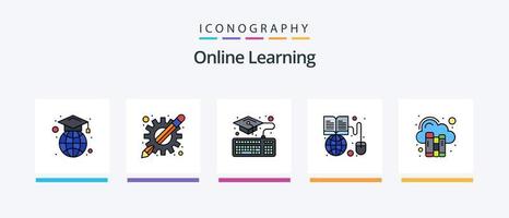 linha de aprendizagem on-line cheia de 5 ícones, incluindo grau. dicionário. estudar. livro. literatura. design de ícones criativos vetor