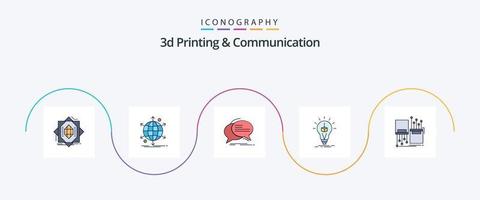 Impressão 3D e linha de comunicação preenchida com 5 ícones planos, incluindo cubo. ideia. rede. falar. comunicação vetor