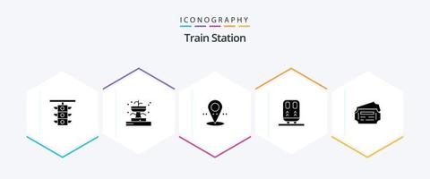 pacote de ícones de 25 glifos da estação de trem, incluindo bilhete. transporte. parque. trem. voltar vetor