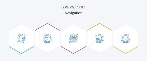 pacote de ícones azuis de navegação 25, incluindo localização. mapa. engrenagem. localização. compras vetor