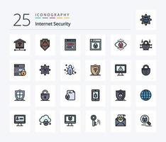 pacote de ícones cheios de 25 linhas de segurança na Internet, incluindo segurança na Internet. dispositivo. olho. segurança de rede. Internet vetor