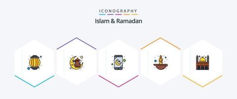 Islã e Ramadã 25 pacote de ícones de linha preenchida, incluindo muçulmano. prédio. móvel. luz. fogo vetor