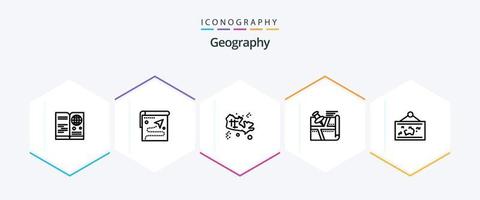 pacote de ícones de 25 linhas de geografia, incluindo pin. rota. destino. localização. tesouro vetor